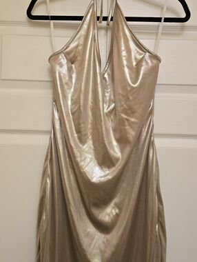 Metallic Champagne Halter Draped Slip Dress - Size M
